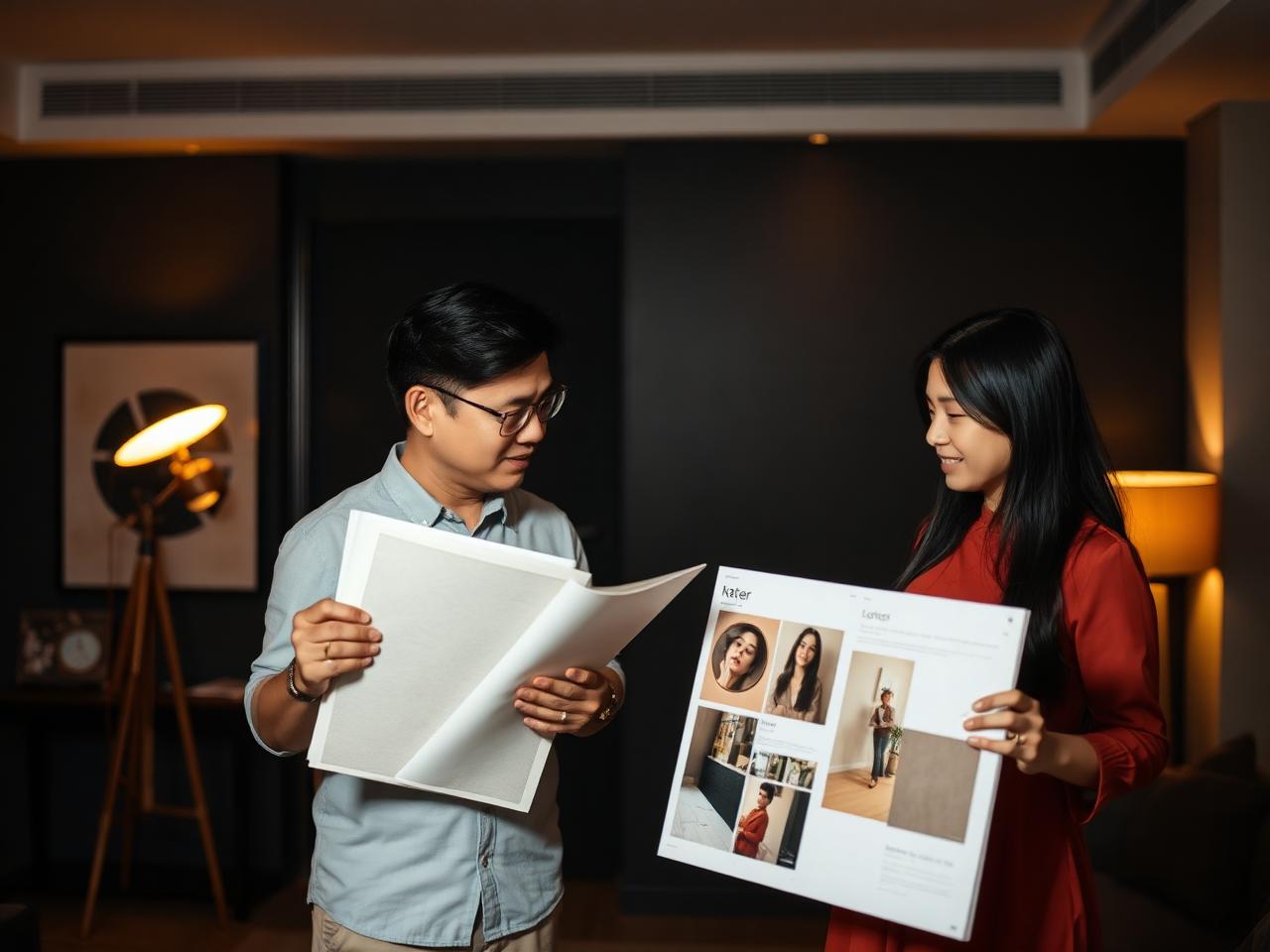 Singaporean interior designer presenting mood boards to a homeowner