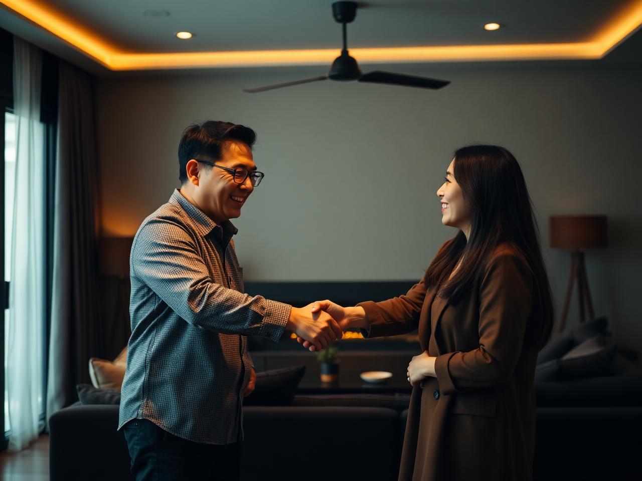 Interior design firm owner shaking hands with happy homeowners in Singapore
